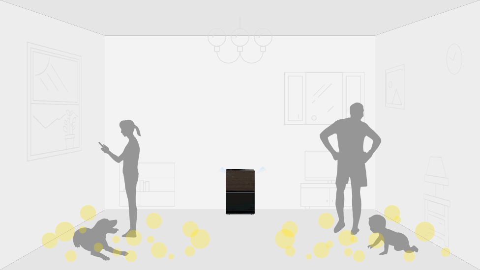 家族が過ごすお部屋にたまった花粉を、3Dフロー花粉撃退気流で吸い込んでいるイメージ図です。