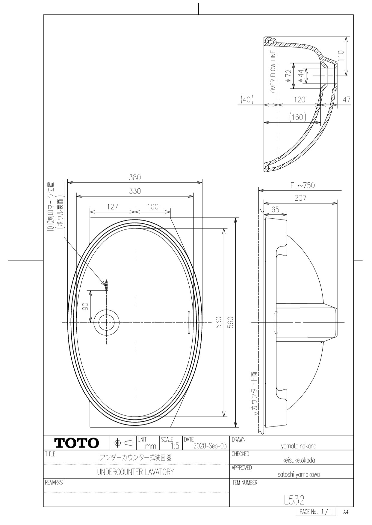 Bản vẽ kích thước chi tiết chậu rửa mặt Toto L532