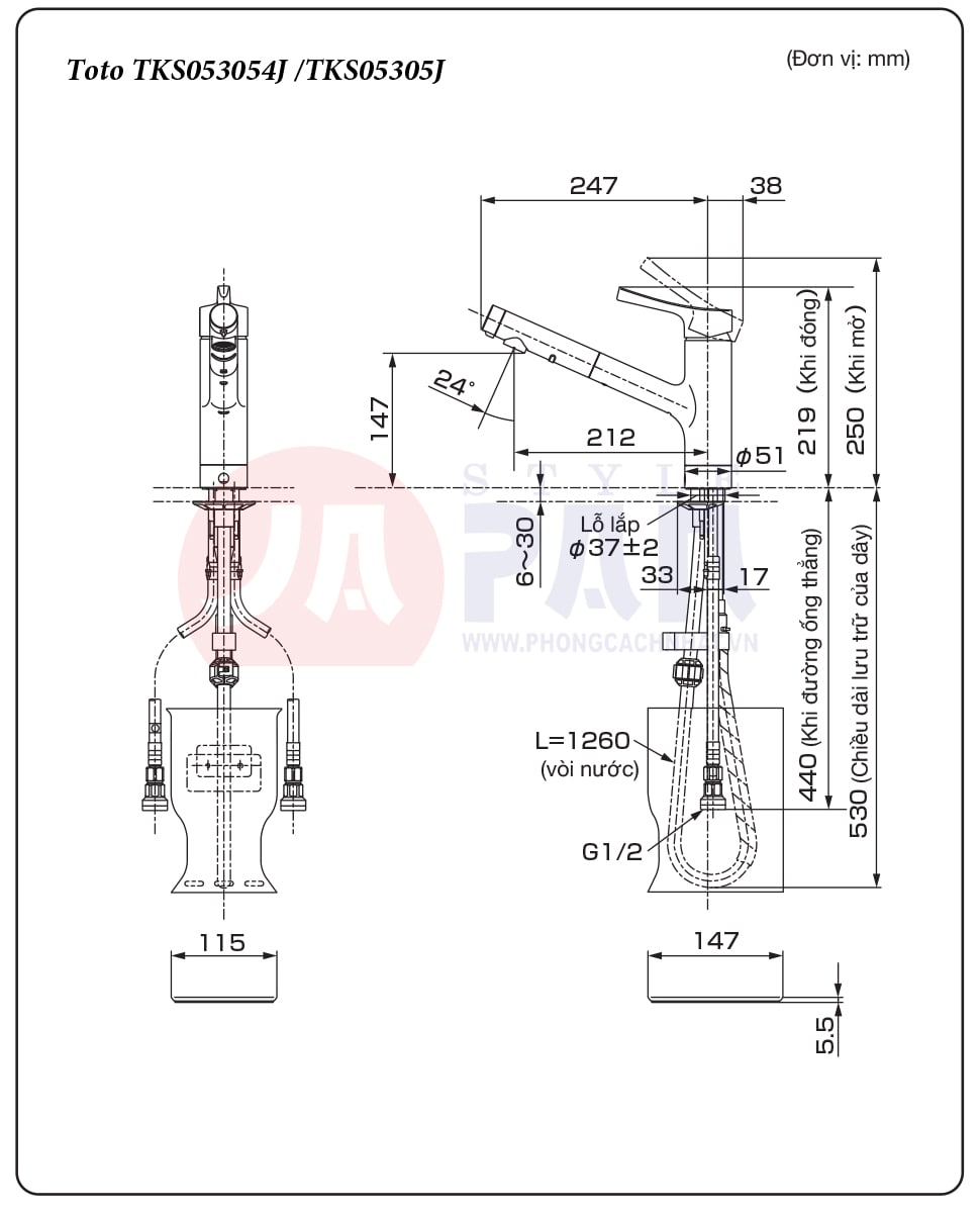 Bản vẽ kỹ thuật vòi rửa bát Toto TKS05305J