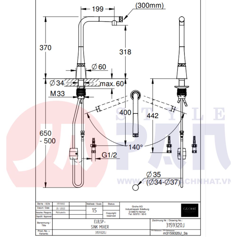 Bản vẽ kỹ thuật vòi rửa bát Grohe Zedra 3159320J