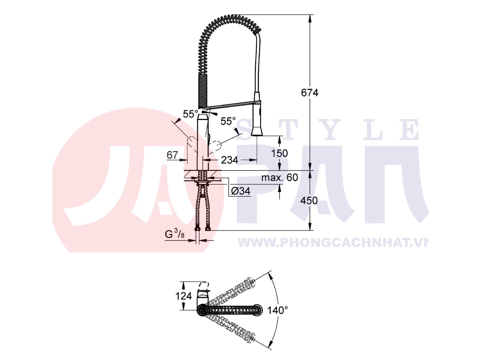 Bản vẽ kỹ thuật Vòi rửa bát thiên nga Grohe K7 32950000