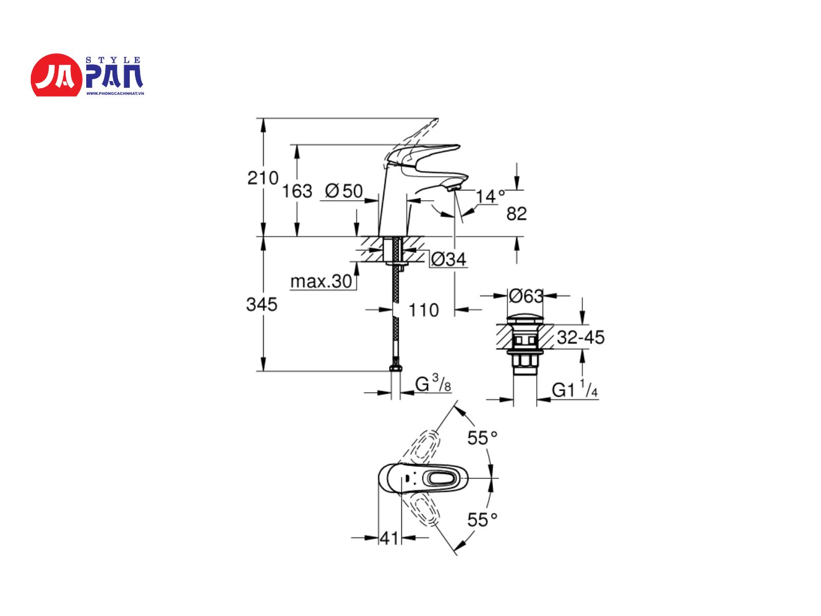 Thông số kỹ thuật vòi rửa mặt Grohe Eurostyle 23570003 