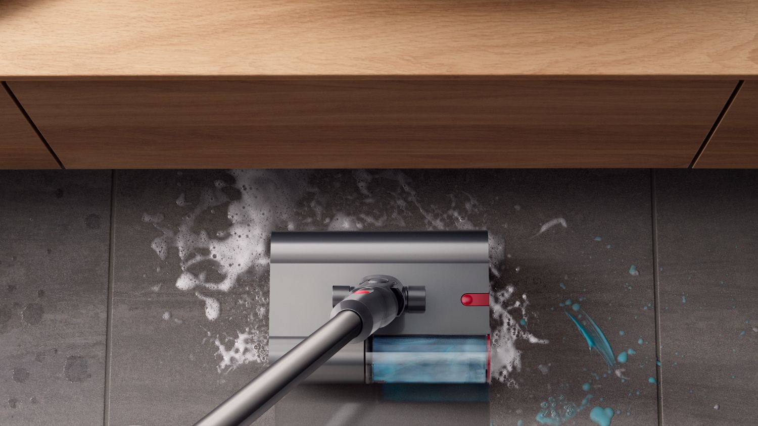 Máy hút bụi kèm lau Dyson V12s Origin Submarine 6 Xử lý kem đánh răng, vết bẩn cứng đầu và chất lỏng khô trên sàn phòng tắm.