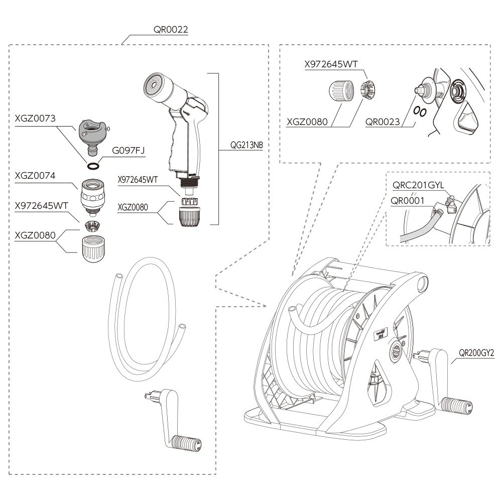 Sơ đồ linh kiện cuộn vòi tưới Takagi Aurora Zero R330ZE: khung cuộn, vòi phun, ống nối QR0022