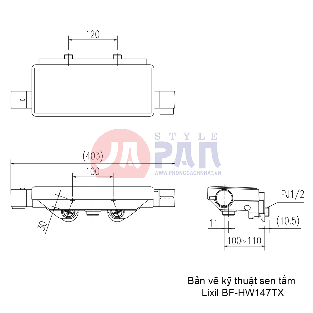 Sen tắm nhiệt độ Lixil BF-HW147TX-PU6 | Nội Địa Nhật 4 Bản vẽ kỹ thuật sen tắm Lixil BF-HW147TX