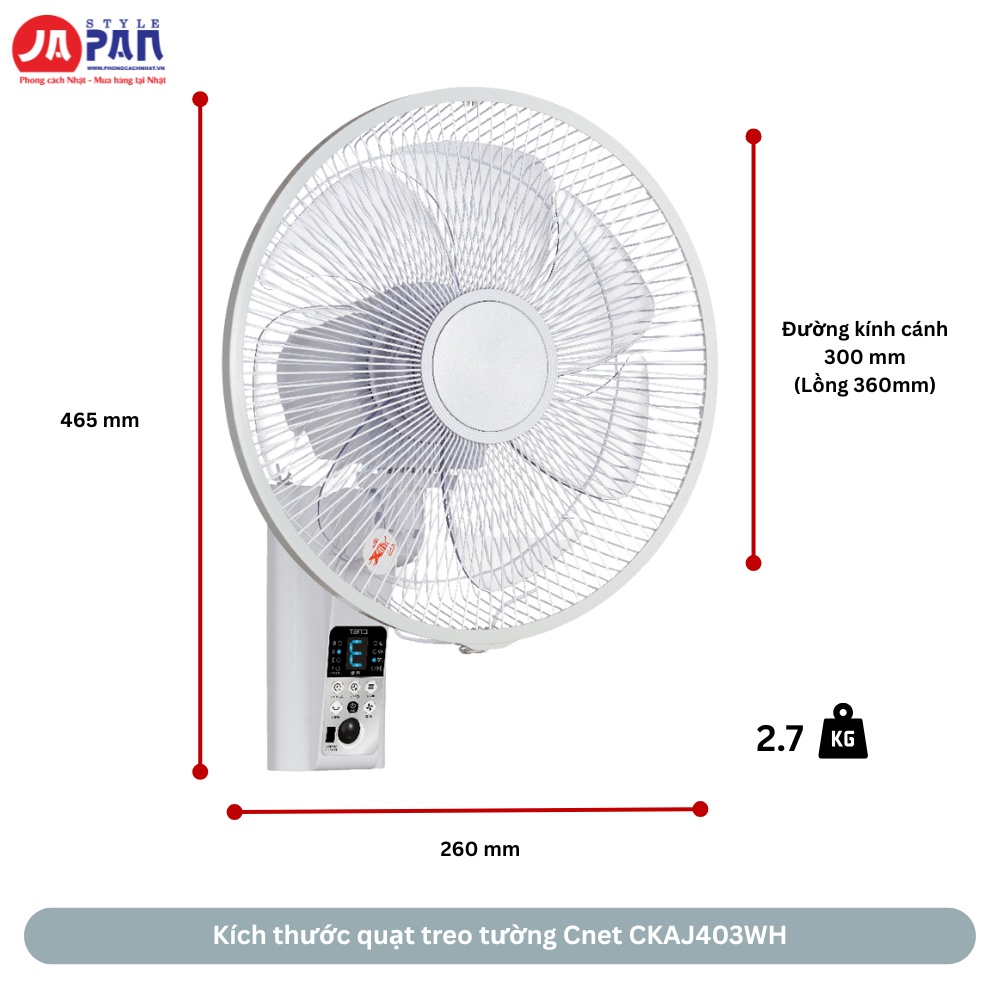 Kích thước quạt treo tường Cnet CKAJ403WH