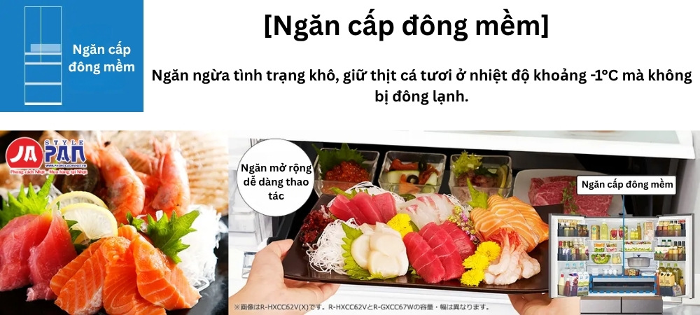 Ngăn cấp đông mềm của tủ Hitachi GX Series giữ thịt cá ở trạng thái đông mềm, không cần rã đông