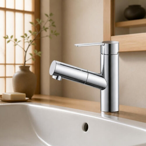 Vòi lavabo Sanei K47531JK trên chậu rửa