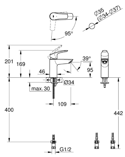Vòi rửa mặt Grohe Eurosmart 2438300U | Cold Start, không cần kéo xả 3 Vòi rửa mặt Grohe Eurosmart 2438300U