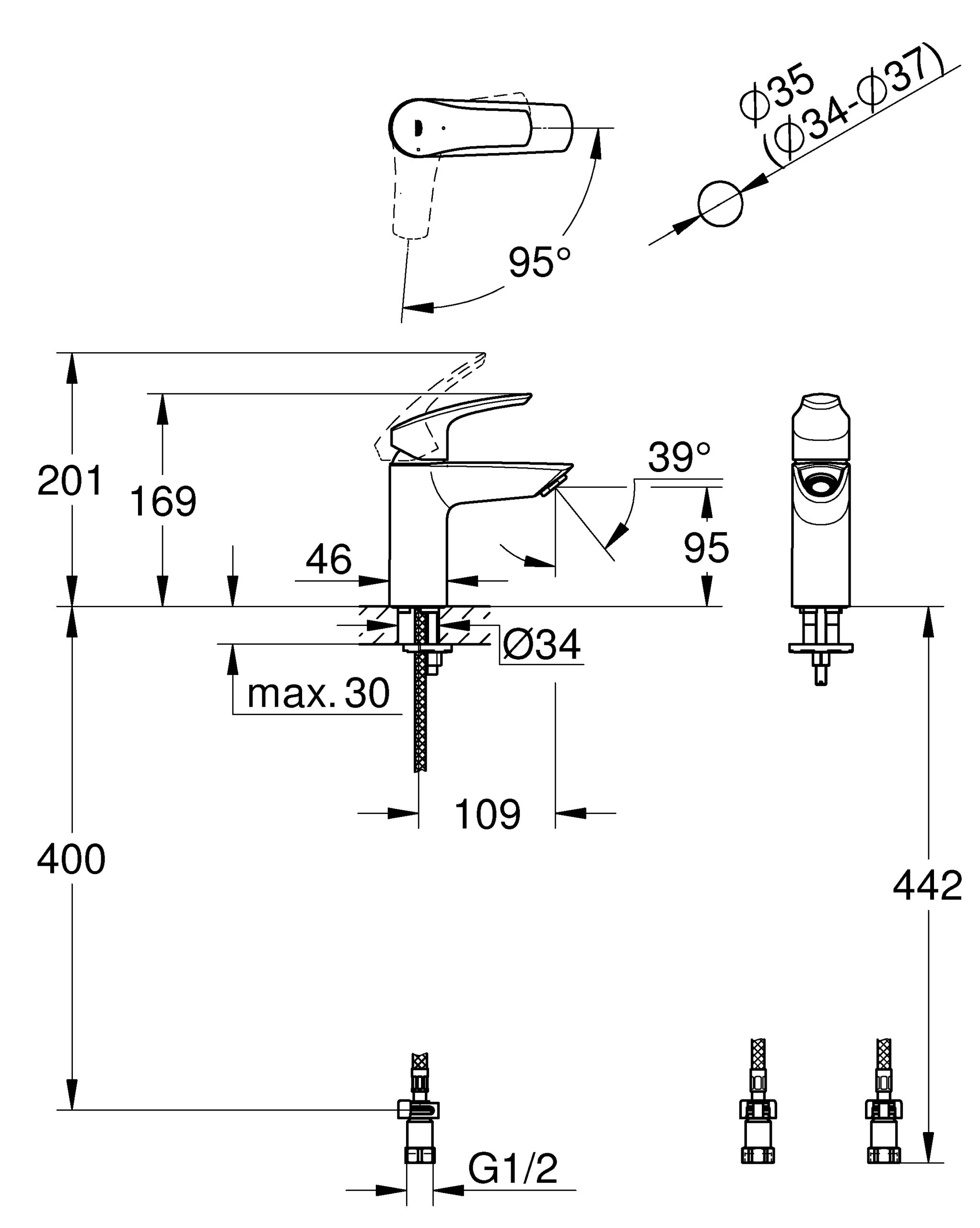 Vòi rửa mặt Grohe Eurosmart 2438300U | Cold Start, không cần kéo xả 8 Vòi rửa mặt Grohe Eurosmart 2438300U – thiết kế