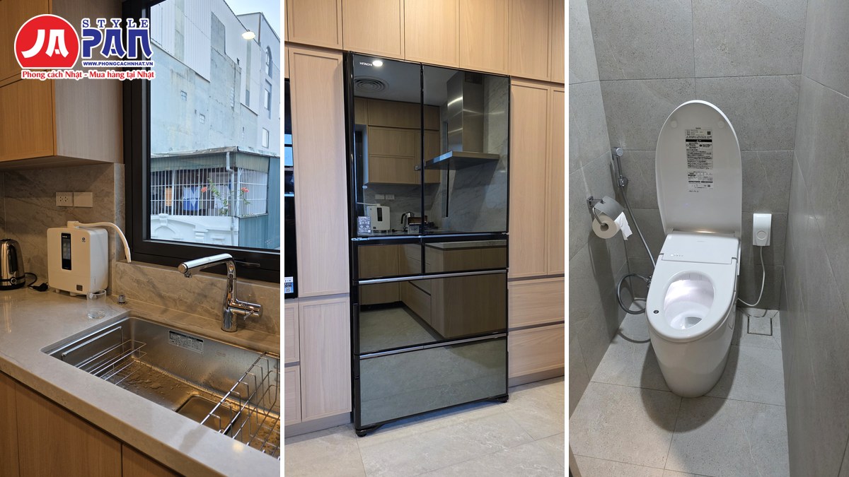 Công trình quận Hai Bà Trưng: bếp với máy lọc nước Kangen K8, tủ lạnh Hitachi và bồn cầu Toto CES9720
