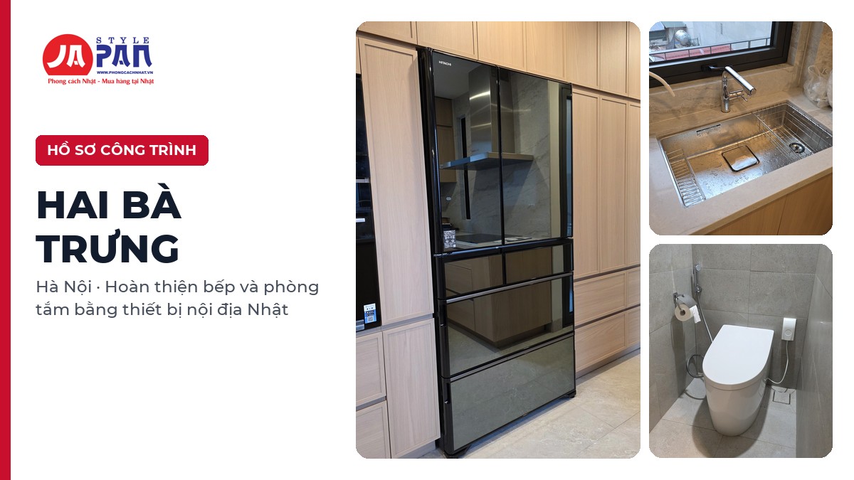Hồ sơ công trình Hai Bà Trưng: tủ bếp với tủ lạnh Hitachi, góc chậu Shigeru và khu vệ sinh Toto