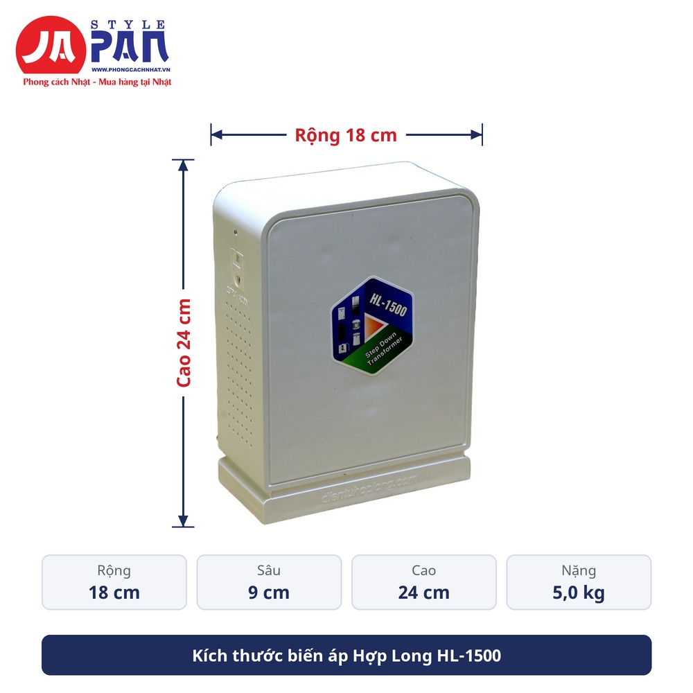 Đổi nguồn Hợp Long HL-1500 1500VA | Biến áp 220V ra 100V, vỏ nhựa 19 Kích thước đổi nguồn Hợp Long HL-1500