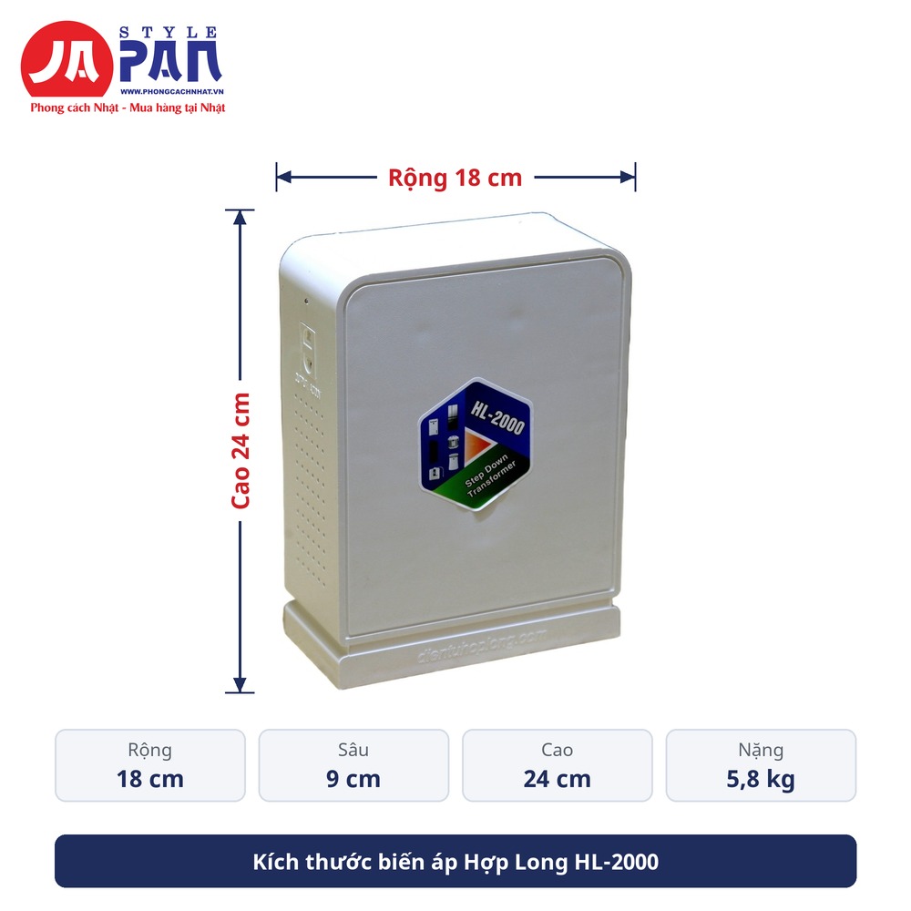 Đổi nguồn Hợp Long HL-2000 2000VA | Biến áp 220V ra 100V, vỏ nhựa 19 Kích thước đổi nguồn Hợp Long HL-2000