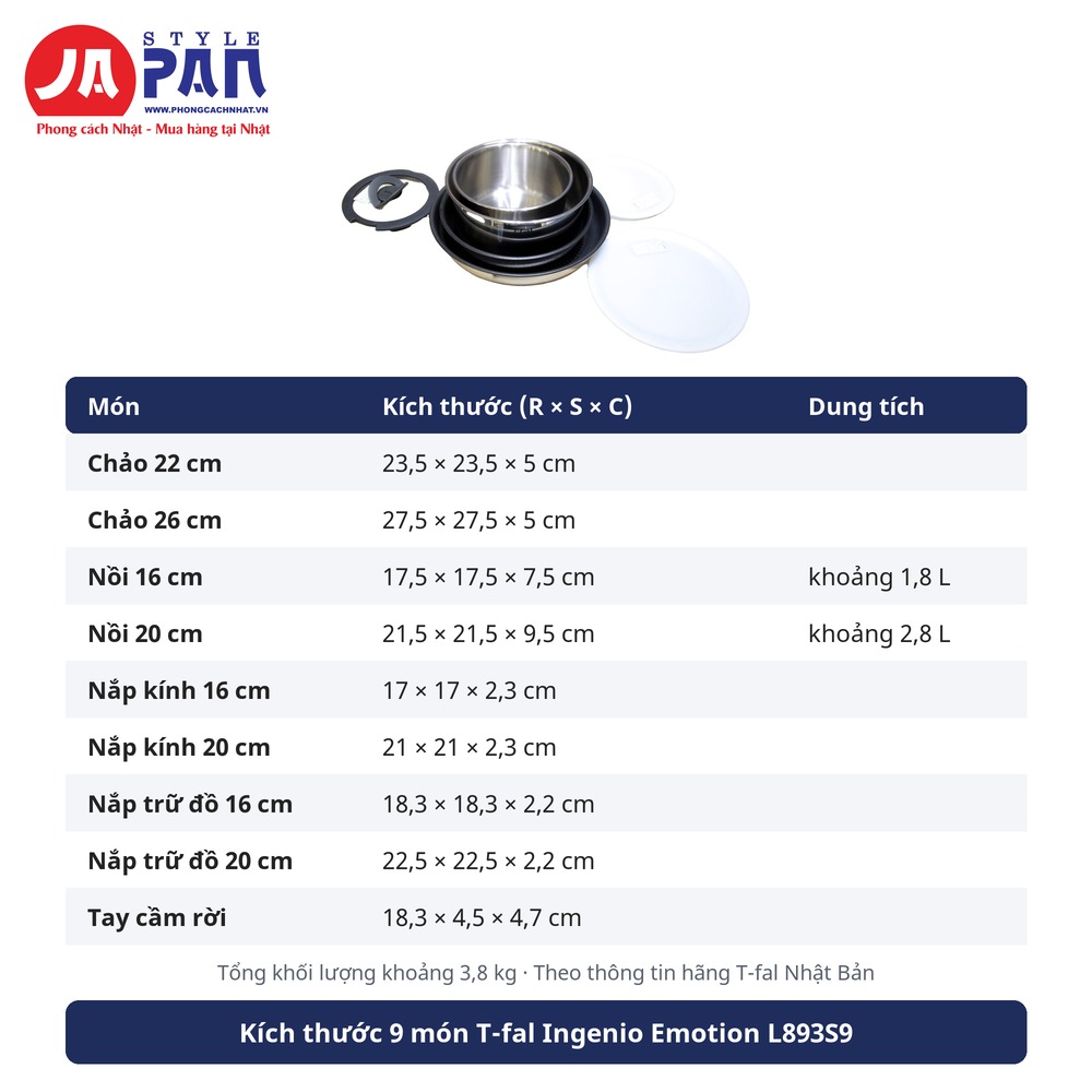 Kích thước 9 món T-fal Ingenio Emotion L893S9
