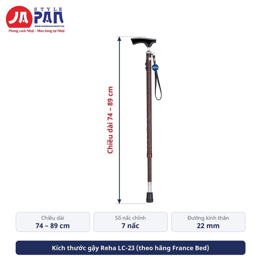 Kích thước gậy cho người già Reha LC-23 – chiều dài 74–89 cm