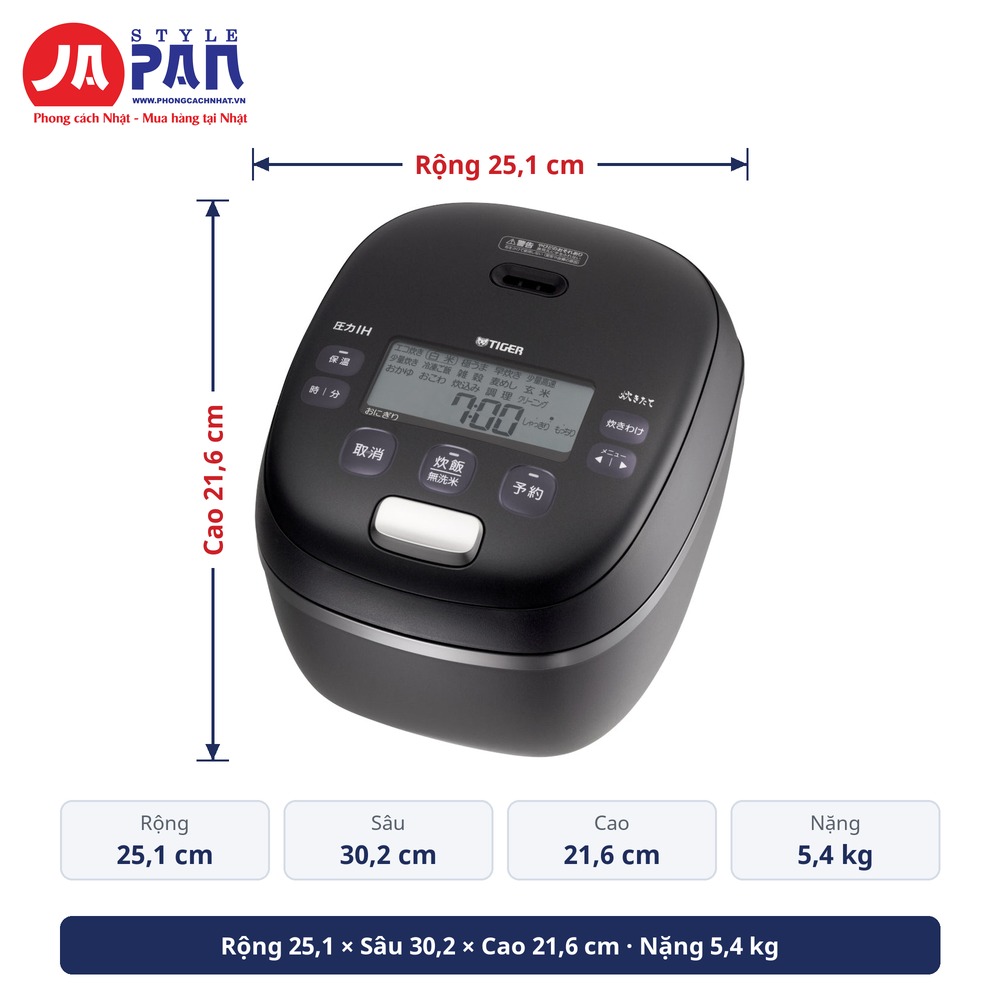 Kích thước Nồi cơm điện Tiger JRI-G100-KO