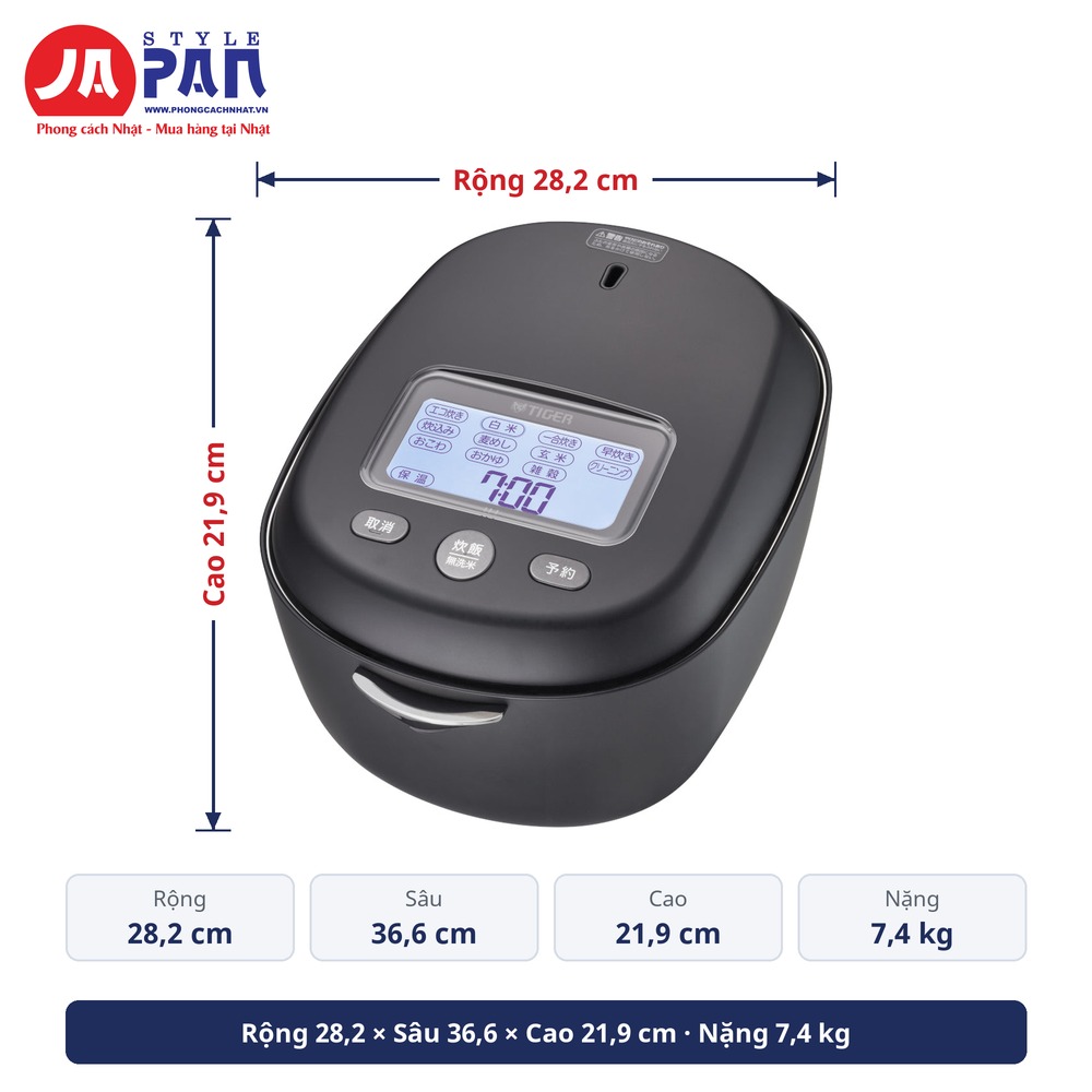 Kích thước Nồi cơm điện Tiger JRX-S100-KS