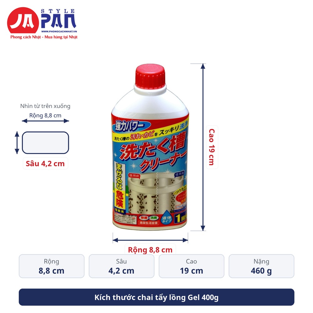 Kích thước chai tẩy lồng máy giặt Gel 400g
