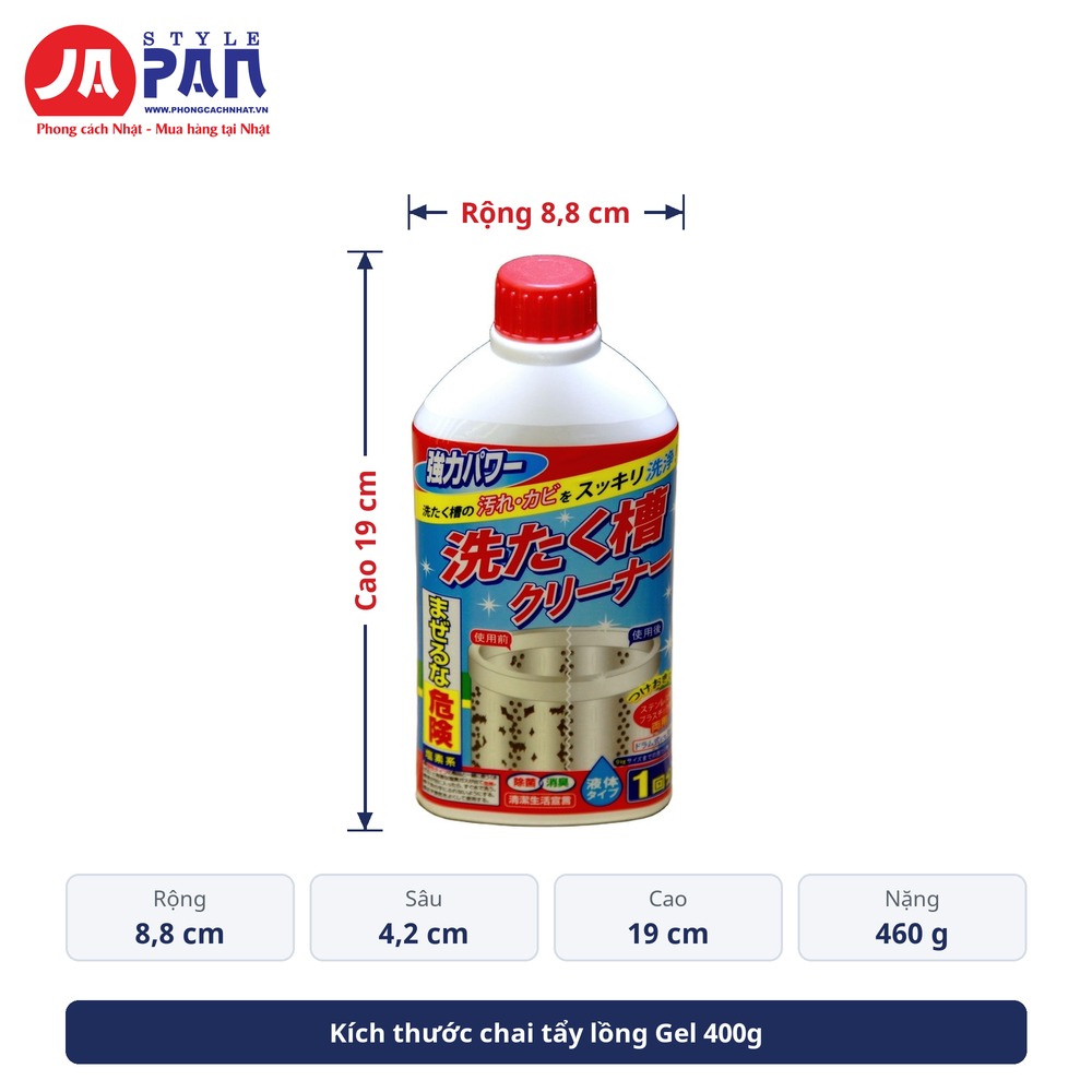 Kích thước chai tẩy lồng máy giặt Gel 400g