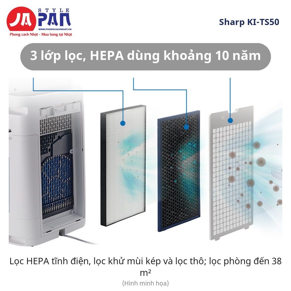 Máy lọc không khí Sharp KI-TS50-W | Tạo ẩm 600mL/h, Plasmacluster 25000 11 Máy lọc không khí Sharp KI-TS50-W 3 lớp lọc