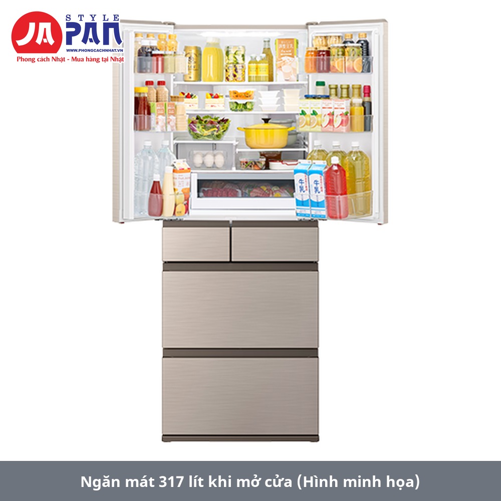 Tủ lạnh Hitachi R-HWC62X – ngăn mát 317 lít khi mở cửa (hình minh họa)