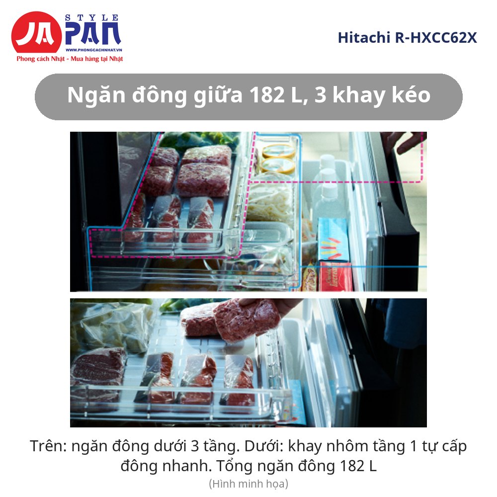 Tủ lạnh Hitachi R-HXCC62X | 617L, 6 cửa, camera trong tủ 11 Tủ lạnh Hitachi R-HXCC62X ngăn đông giữa 182 lít 3 khay